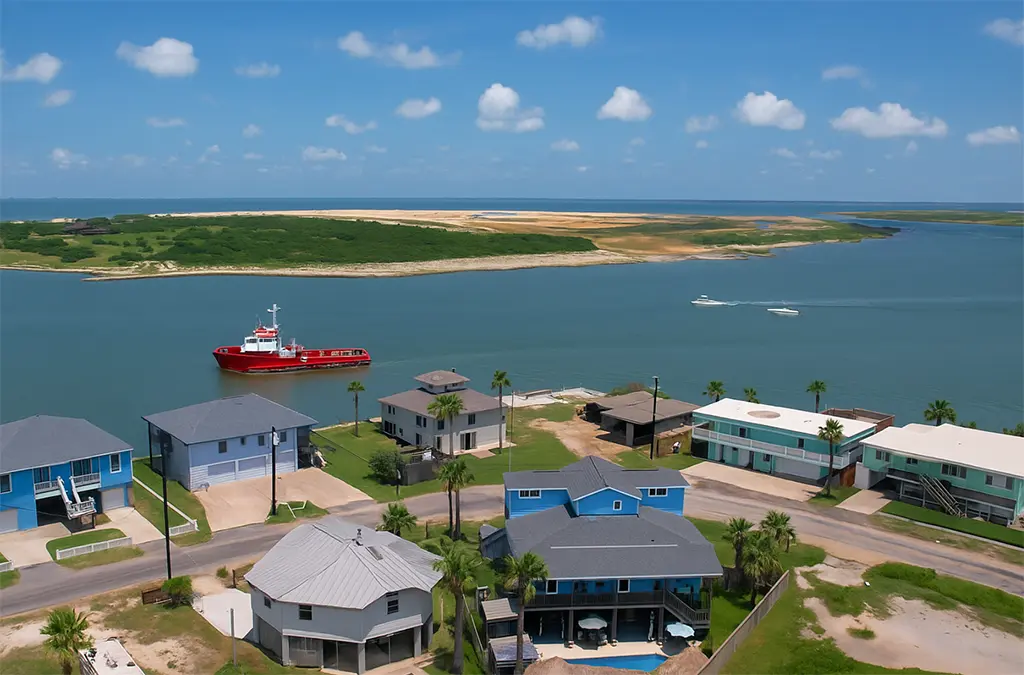 Aerial view of residential homes along the gulf coast in Ingleside, Texas