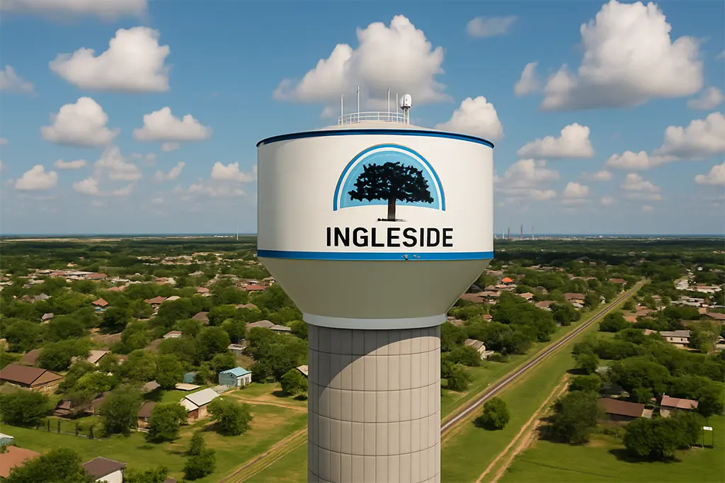 Aerial view of Ingleside, TX water tower and residential neighborhood