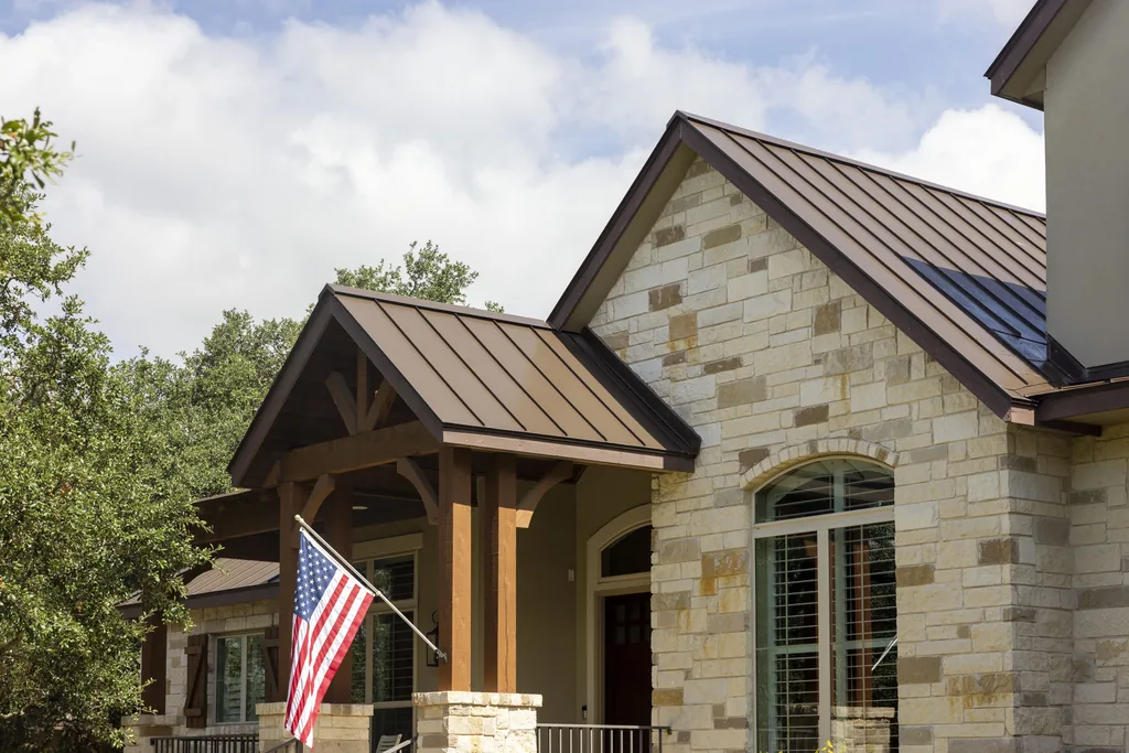 Entry porch detail of a new Mansard Brown metal roof in Fair Oaks Ranch, TX