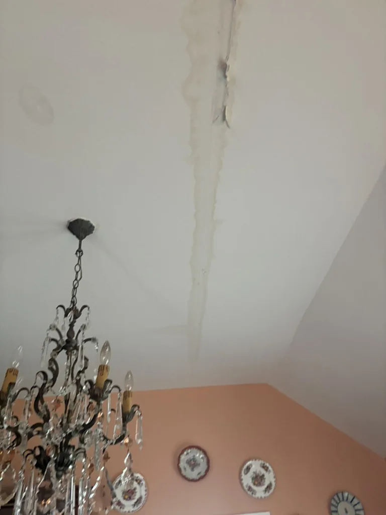 Ceiling water damage from a leaking metal roof in Fair Oaks Ranch, TX