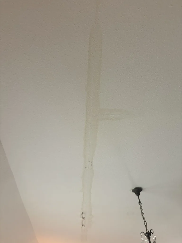 Roof leak water damage on ceiling before metal roof replacement, Fair Oaks Ranch TX 78015