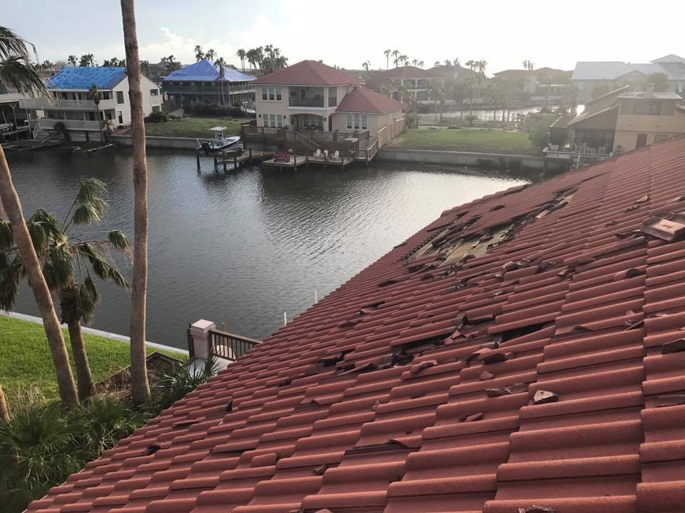 Tile roof storm damage from Hurricane Harvey in Port Aransas