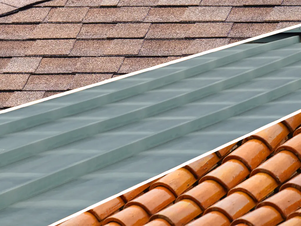 Image showing three different roofing materials: asphalt shingles, metal roofing, and clay roofing tiles