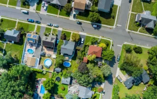 Aerial view of roofs in a residential neighborhood