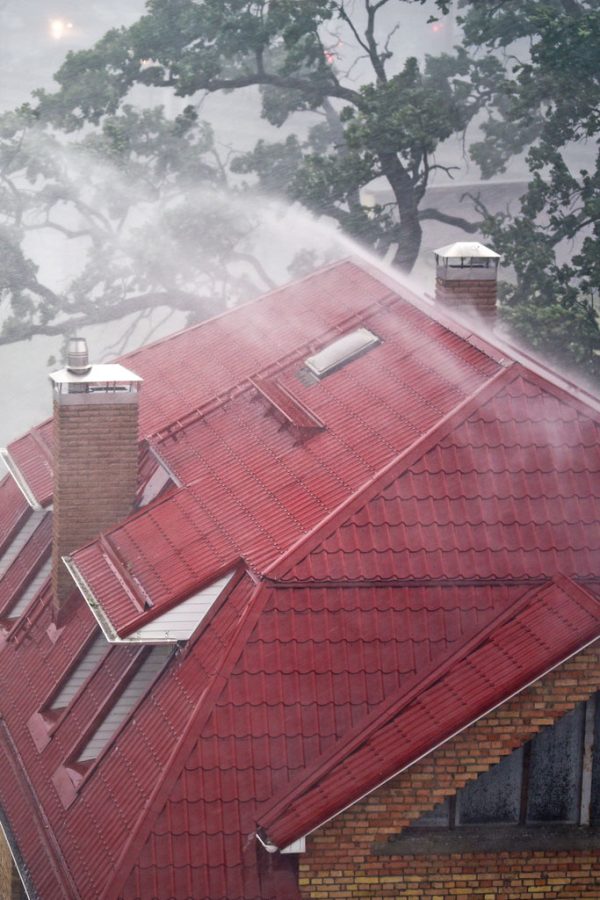 Image of a metal roof during stormy weather