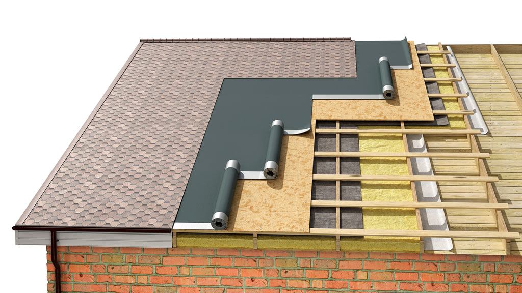 3D image of a shingle roof and insulating layers beneath