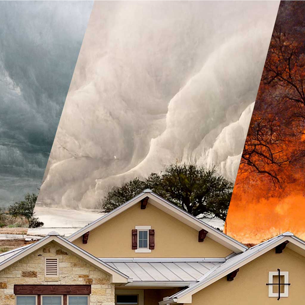 Image of residential metal roof with three different backgrounds of extreme, heat, extreme cold, and wildfires